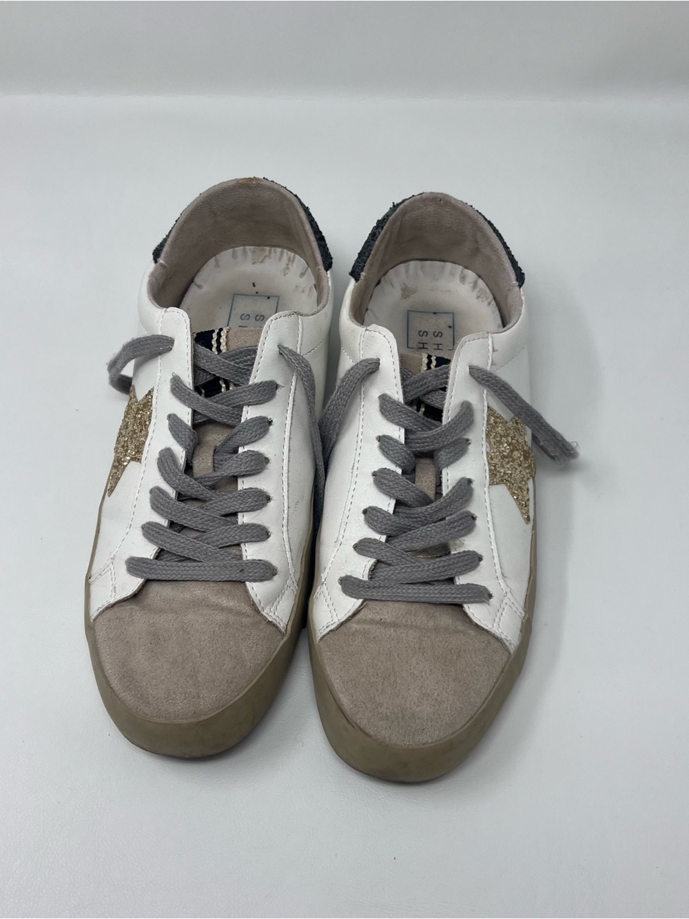 ShuShop White Sneakers with Gold Glitter Star and Gray Details